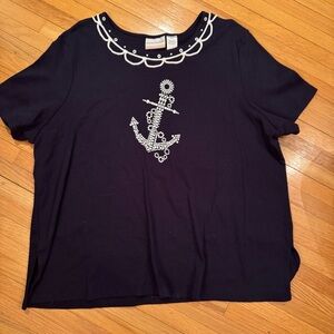 Alfred Dunner Navy Top with Beaded Anchor